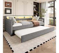 NovaFurnish Letto da giorno 90 x 200 cm, divano letto, letto con rete a doghe (senza materasso), luce ambientale con telecomando, letto con letto estraibile, presa USB, line, grigio (90 x 200 cm)