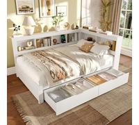 NovaFurnish Letto Giorno 140 x 200 cm, Divano Letto con Due Cassetti, Con Presa e 2 Porte USB, Letto con Rete a doghe (senza materasso), Truciolare, Bianco
