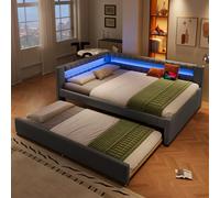 NovaFurnish Letto imbottito, 140 x 200 cm, letto con barra luminosa a LED all'estremità del letto, letto con letto estraibile senza materasso, USB + Type-C, lino, grigio