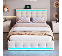 NovaFurnish Letto imbottito 140 x 200 con 4 cassetti e 2 stazioni di ricarica USB, telaio del letto con testiera LED, letto piattaforma imbottita con vano portaoggetti, tessuto di lino beige