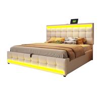 NovaFurnish Letto imbottito 180 x 200 cm, con USB e striscia luminosa a LED che cambia colore, letto singolo in lino beige