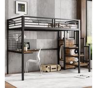 NovaFurnish Letto in ferro, letto a castello, letto a soppalco, adatto per bambini e ragazzi, con tavolo e armadio, scala laterale con corrimano, ferro + truciolato, nero+colore legno scuro, 90 x 200