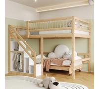 NovaFurnish Letto in legno massello, 140 x 200, scala con armadio, ringhiera alta, lettino per bambini, struttura in legno massiccio (colore legno, 140 x 200 cm)