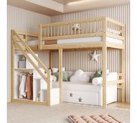 NovaFurnish Letto in legno massello, 90 x 200, scala con armadietto, letto per bambini, letto singolo, telaio in legno massiccio, versione alta (colore legno, 90 x 200 cm)