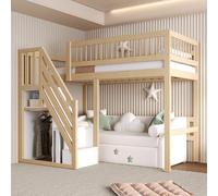 NovaFurnish Letto in legno massello, 90 x 200, scala con armadietto, letto per bambini, letto singolo, telaio in legno massiccio, versione alta (colore legno, 90 x 200 cm)