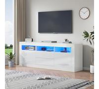 NovaFurnish Mobile TV lucido con illuminazione a LED, 3 scomparti aperti, 2 ante, 2 cassetti, Smart App, per TV da 70 pollici, supporto TV lucido (bianco)