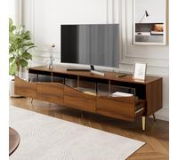 NovaFurnish Mobile TV moderno 180 x 40 x 50 cm con illuminazione a LED, corpo color legno, piedini in metallo dorato, fronte in vetro e spazio di archiviazione, elegante pannello basso per soggiorno