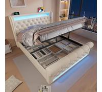 NovaFurnish Moderno letto matrimoniale imbottito 160 x 200 cm, letto imbottito con luci a LED, testiera con porte USB e di tipo C, letto idraulico per riporre oggetti, beige, velluto (senza materasso)
