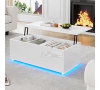 NovaFurnish Moderno tavolino bianco lucido con illuminazione a LED e spazio nascosto, tavolino con sollevamento idraulico, portata 40 kg (bianco, 100 x 50 x 35 cm)