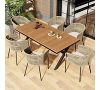 NovaFurnish Set sala da pranzo da giardino, 7 pezzi, corda da giardino, 6 poltrone e 1 tavolo, tavolo in legno di acacia, con poggiapiedi e sei cuscini, rimovibile e lavabile