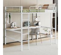 NovaFurnish Telaio letto in metallo, letto in ferro con scrivania, letto a soppalco con quattro piccoli ripiani e una grande libreria per bambini, ragazzi e adulti (bianco, 140 x 200 cm)