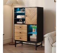 NovaFurnish Vetrina con striscia luminosa a LED a 12 colori, credenza da cucina con cassetti e ripiani in vetro, grana triangolare del legno (80 x 40 x 120,5 cm)
