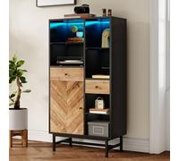 NovaFurnish Vetrina con striscia luminosa a LED a 12 colori, credenza da cucina con cassetti e ripiani in vetro, grana triangolare del legno (80 x 40 x 150,5 cm)