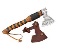 Novahaven Falkir - Lussuosa ascia forgiata a mano in acciaio inox con incisione, manico in legno di rosa e fodero in pelle - ascia da campeggio in stile vichingo Bush craft, idea regalo per uomini
