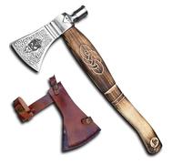 Novahaven Mjölnir - Ascia forgiata a mano per esterni, 46 cm, con polo martello, regalo e decorazione in acciaio al carbonio, manico in legno di frassino intagliato, fodero in pelle, per campeggio