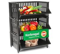 Novaliv 3 scaffali per cesti, colore nero, impilabili ed espandibili, scaffalature per dispensa, scaffalature per alimenti, cantina, per frutta, per mele, impilabili, in plastica