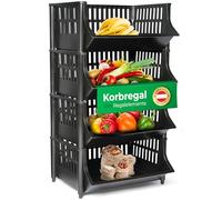 Novaliv 4 scaffali per cesti, colore nero, impilabili ed espandibili, scaffalature per dispensa, scaffalature per alimenti, cantina, per frutta, per mele, impilabili, in plastica