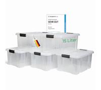 Novaliv 5 scatole portaoggetti con coperchio, 15 l, trasparenti, impilabili, con chiusura a clip, in plastica, senza BPA, 41 x 29 x 20 cm