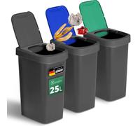 Novaliv Sistema di raccolta differenziata da 25 l, set di 3 pattumiere con coperchio basculante, separazione dei rifiuti, per cucina, casa, ufficio, colore nero, blu, verde