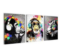 Novart WTD N034535a - Quadro da parete con scimmia Banksy Style Graffiti, completamente pronto da appendere, 3 quadri moderni, colore: Grigio colorato