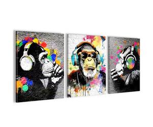 Novart WTD N034535a - Quadro da parete con scimmia Banksy Style Graffiti, completamente pronto da appendere, 3 quadri moderni, colore: Grigio colorato