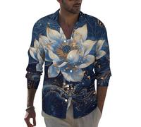 Novastar Camicie a maniche lunghe da uomo - Blue Golden Dream Lotus Slim Fit Button Up Camicia da uomo Abbigliamento casual, Stile-38, XL