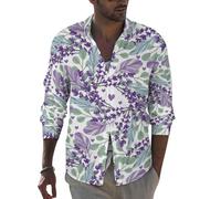 Novastar Camicie a maniche lunghe da uomo, con foglie verdi, fiori di lavanda, vestibilità aderente, con bottoni, abbigliamento casual da uomo, Stile-10, L