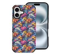 Novastar Compatibile con iPhone 16 Custodia estetica sottile da 6,1 pollici - Custodia in pelle in microfibra con stampa di dinosauri graffiti con cartoni animati, compatibile con iPhone 16, per donne