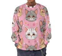 Novastar Felpa da uomo, girocollo con cappuccio, con simpatico volto di gatto in stile cartone animato, rosa, a maniche lunghe, pullover casual, Stile-40, L