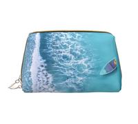 Novastar Grande borsa da viaggio per il trucco, con onde e barche sulla spiaggia, in pelle PVC, con cerniera, portatile, per trucchi e articoli da toeletta da donna