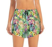 Novastar Pantaloncini da corsa da donna - Acquarello a fiori cactus - Pantaloncini da allenamento sportivi da yoga con tasche foderate, nero/bianco, L