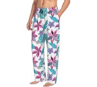 Novastar Pantaloni da pigiama da uomo con tasche in stile hawaiano, con fiori e foglie, morbidi, comodi, nero/bianco, L
