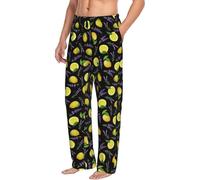 Novastar Pantaloni pigiama da uomo con tasche, con foglie viola limone, neri, morbidi, comodi pantaloni da salotto da uomo, Nero, XXL