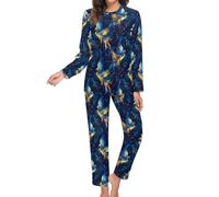 Novastar Pigiama da donna, set da 2 pezzi, stampa fenice blu e oro, a maniche lunghe, biancheria da notte, Stile-29, XL
