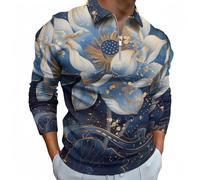 Novastar Polo a maniche lunghe da uomo - Blue Golden Dream Lotus Maglietta da golf da uomo autunnale casual con cerniera, Modello 38., XL