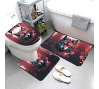 Novastar Set di 3 tappeti da bagno lavabili con testa di lupo rossa e fiamma, copriwater a forma di U, tappetino per contorno WC, tappetino morbido e assorbente, tappetino da bagno per vasca da bagno
