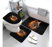 Novastar Set di 3 tappeti da bagno lavabili, motivo lupo con fiamma dorata, copriwater a forma di U, tappetino per contorno WC, tappetino morbido e assorbente, tappetino da doccia per vasca da bagno e