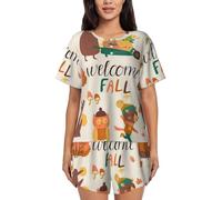 Novastar Set pigiama da donna - Autunno nella foresta Benvenuto Autunno Pigiama a maniche corte per le donne Set estivo PJ Set, Nero, 4XL