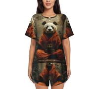 Novastar Set pigiama da donna, pigiama estivo a maniche corte con panda che medita nella giungla, Nero, S