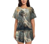 Novastar Set pigiama da donna - Pigiama estivo da donna con tigre bianca che medita la foresta a maniche corte, Nero, XL