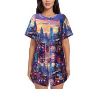 Novastar Set pigiama da donna - Taxi colorato città a maniche corte pigiama da donna set estivo pigiama pigiama set, Nero, XL