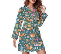 Novastar Vestaglia corta a maniche lunghe da donna - Volpi e uccelli nella foresta con cintura accappatoio da notte camicia da notte abbigliamento da casa, Stile-40, XL