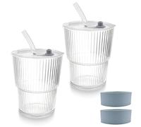 Noviatrix 2 Pezzi bicchiere vetro con cannuccia, Bicchierini Frullato in Vetro Design Impermeabile, Sigillato tazza con cannuccia per Succhi tè al Latte Frullati (400 Ml)