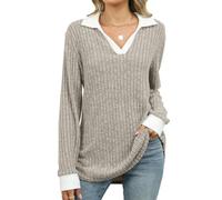 novità Invernali T-Shirt Larghe a Maniche Lunghe con Risvolto a Contrasto di Colore per Donna - Cachi - L