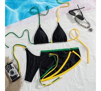 Novità per estate e autunno, questo set bikini a tre pezzi presenta un design a colori a blocchi di colore nero, giallo e verde. Il set include coppe imbottite rimovibili a triangolo, emanando sensual