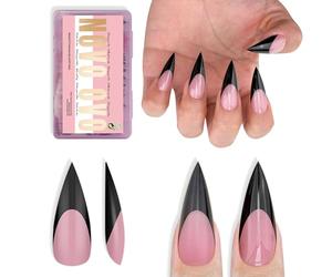NOVO OVO Black French-Tips Sharp Stiletto Pointed Medium Long Nail Tips Press on Berry Pink Extra Spesse Morbido Gel Acrilico Estensione Completa Copertura Unghie False per Salon DIY 16 Misure 160