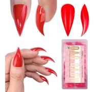 NOVO OVO Unghie finte 3D a forma di artiglio di gatto, rosse, 128 pezzi, corte e curve, con apex, copertura completa in PMMA trasparente, per Halloween, cosplay e salone, 16 misure