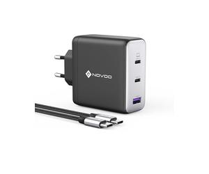 NOVOO Caricabatterie USB C da 120W con 1M cavi PD 100W Type-C, Caricatore compatto PPS GaN III a 3 porte, per MacBook Pro 14'', Dell XPS 13, iPad Pro, iPhone 16, Galaxy S23, Note 20, Apple Watch