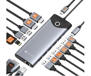 NOVOO Docking station 10 Gbps per laptop, triplo display, 15 in 1, docking station USB C, hub adattatore con due HDMI 4K a 60Hz, VGA, Gigabit Ethernet, 100W PD, 7 porte dati USB 1C, SD/TF e pulsante