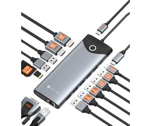 NOVOO Docking station con 3 display 15 in 1, docking station USB-C, pulsante per accensione/spegnimento, HDMI 4K@60Hz, USB-C/A 10Gbps, VGA, 100 PD, SD/TF Multiport Dock per MacBook Pro Air iPad Lenovo